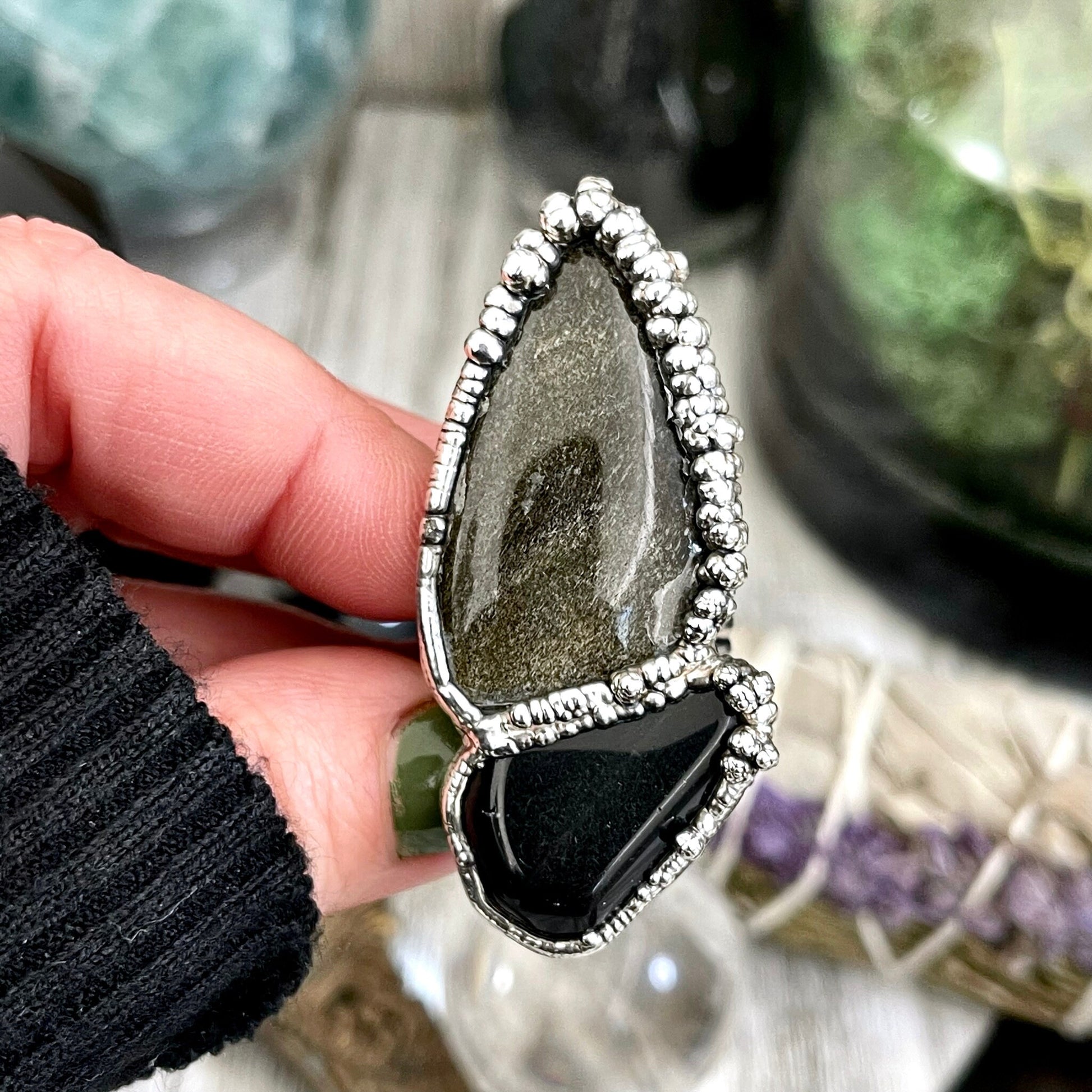 Size 9.5 Two Stone Ring- Golden Sheen Black Onyx Crystal Ring Fine Silver / Foxlark Collection - One of a Kind / Statement Jewelry