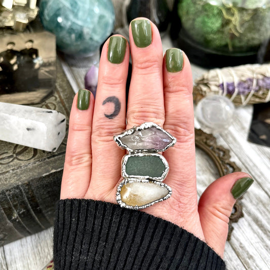 Size 10 Three Stone Ring- Citrine Amethyst Sea Glass Crystal Ring Fine Silver / Foxlark Collection - One of a Kind / Statement Jewelry