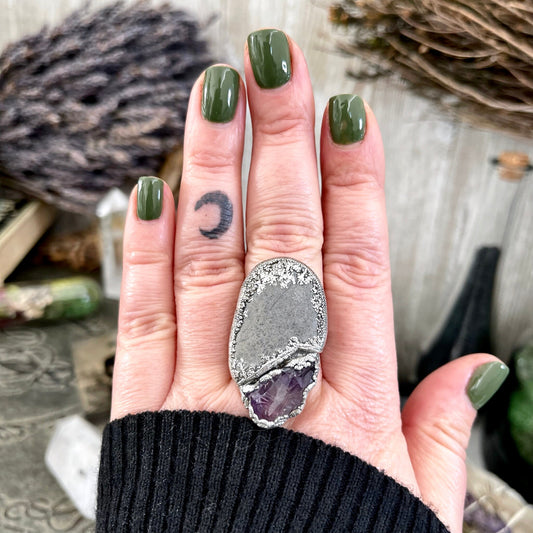 Size 9.5 Two Stone Ring-River Rock Purple Raw Amethyst Crystal Ring Fine Silver / Foxlark Collection - One of a Kind / Statement Jewelry