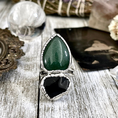 Size 8.5 Two Stone Ring- Black Onyx Green Aventurine Crystal Ring Fine Silver / Foxlark Collection - One of a Kind / Statement Jewelry