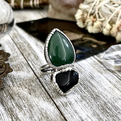 Size 8.5 Two Stone Ring- Black Onyx Green Aventurine Crystal Ring Fine Silver / Foxlark Collection - One of a Kind / Statement Jewelry