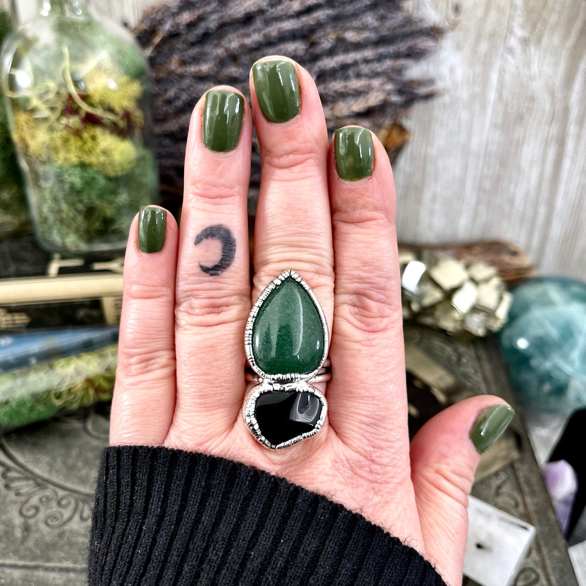 Size 8.5 Two Stone Ring- Black Onyx Green Aventurine Crystal Ring Fine Silver / Foxlark Collection - One of a Kind / Statement Jewelry