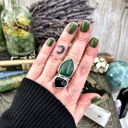 Size 8.5 Two Stone Ring- Black Onyx Green Aventurine Crystal Ring Fine Silver / Foxlark Collection - One of a Kind / Statement Jewelry