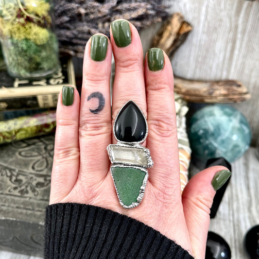 Size 8 Three Stone Ring- Clear Quartz Sea Glass Black Onyx Crystal Ring Fine Silver / Foxlark Collection - One of a Kind / Statement Jewelry