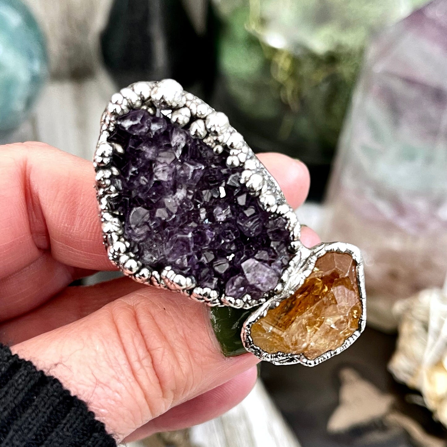 Size 10 Two Stone Ring-Amethyst Geode Raw Citrine Crystal Ring Fine Silver / Foxlark Collection - One of a Kind / Statement Jewelry