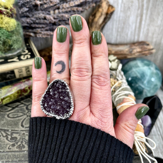 Size 8 Big Raw Amethyst Purple Crystal Ring in Fine Silver / Foxlark Collection - One of a Kind / Big Crystal Ring Witchy Jewelry