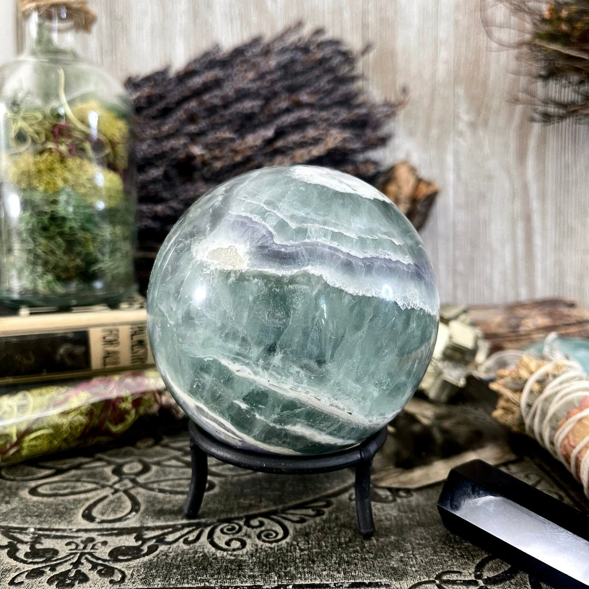 Purple and Green Fluorite Crystal Ball / FoxlarkCrystals / Crystal Sphere Wiccan Pagan Spells Rituals Magic Scrying Orb Metaphysical