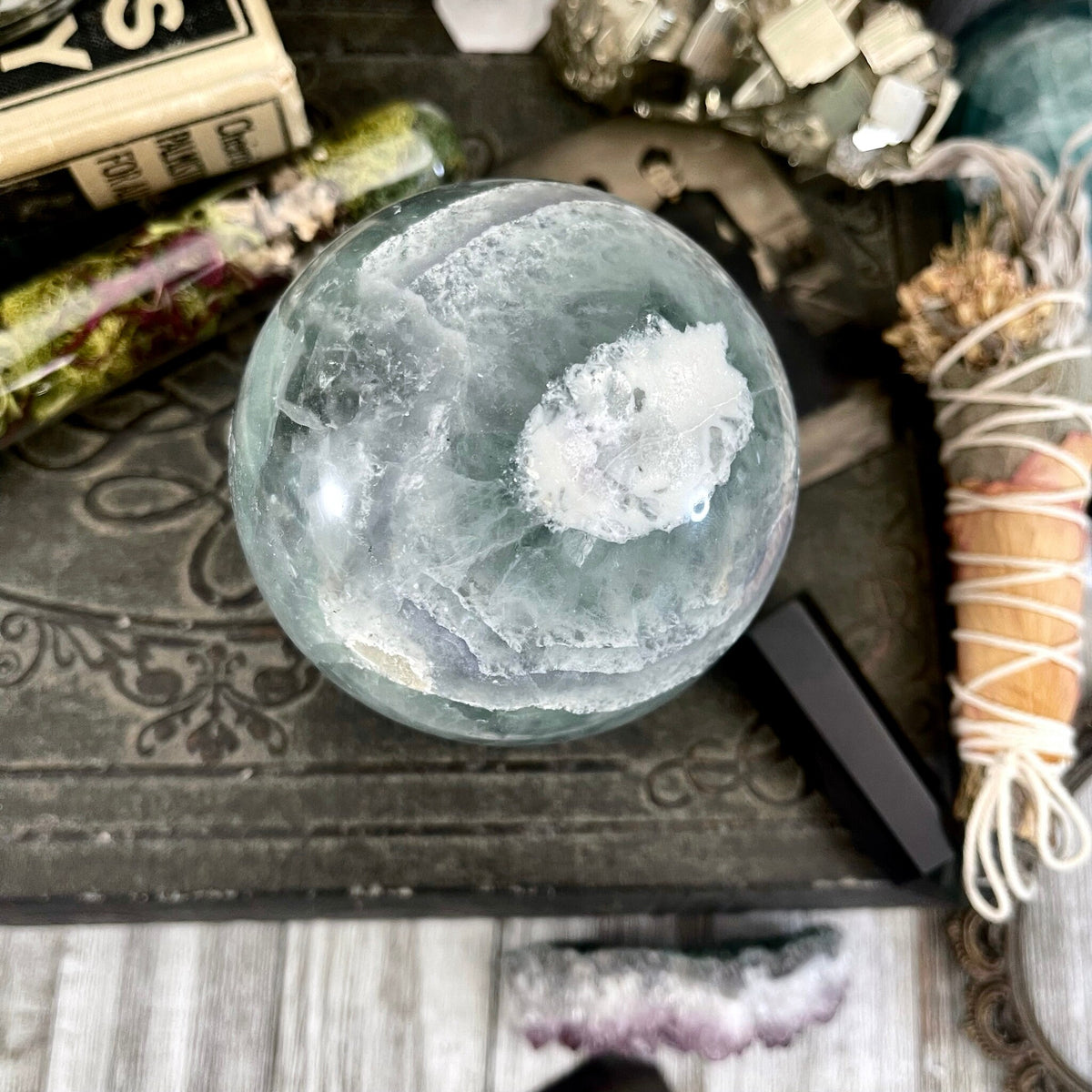 Purple and Green Fluorite Crystal Ball / FoxlarkCrystals / Crystal Sphere Wiccan Pagan Spells Rituals Magic Scrying Orb Metaphysical