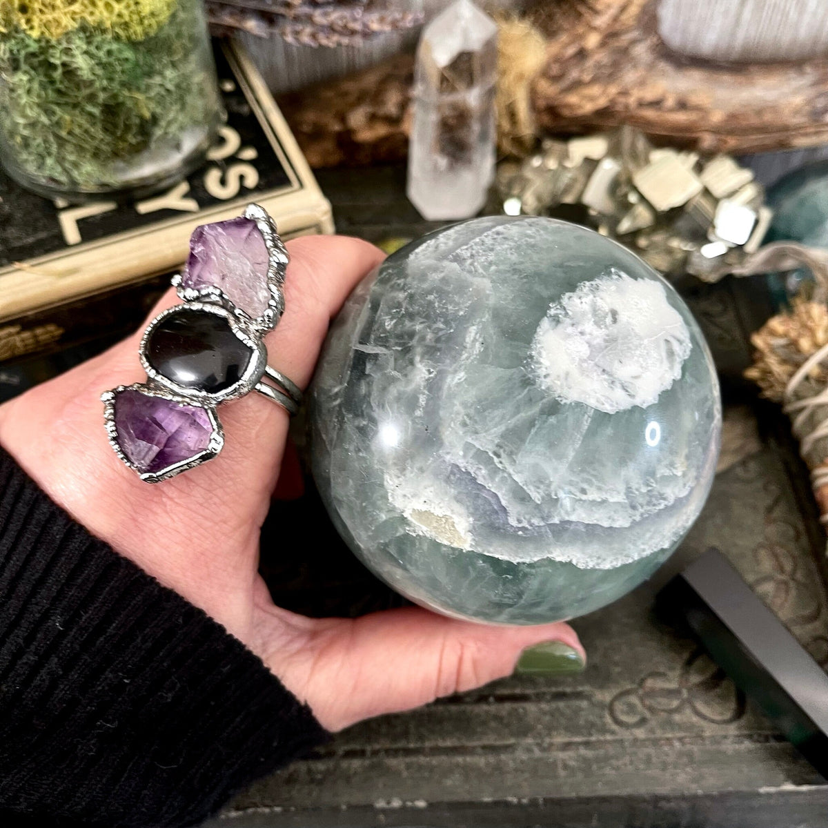 Purple and Green Fluorite Crystal Ball / FoxlarkCrystals / Crystal Sphere Wiccan Pagan Spells Rituals Magic Scrying Orb Metaphysical