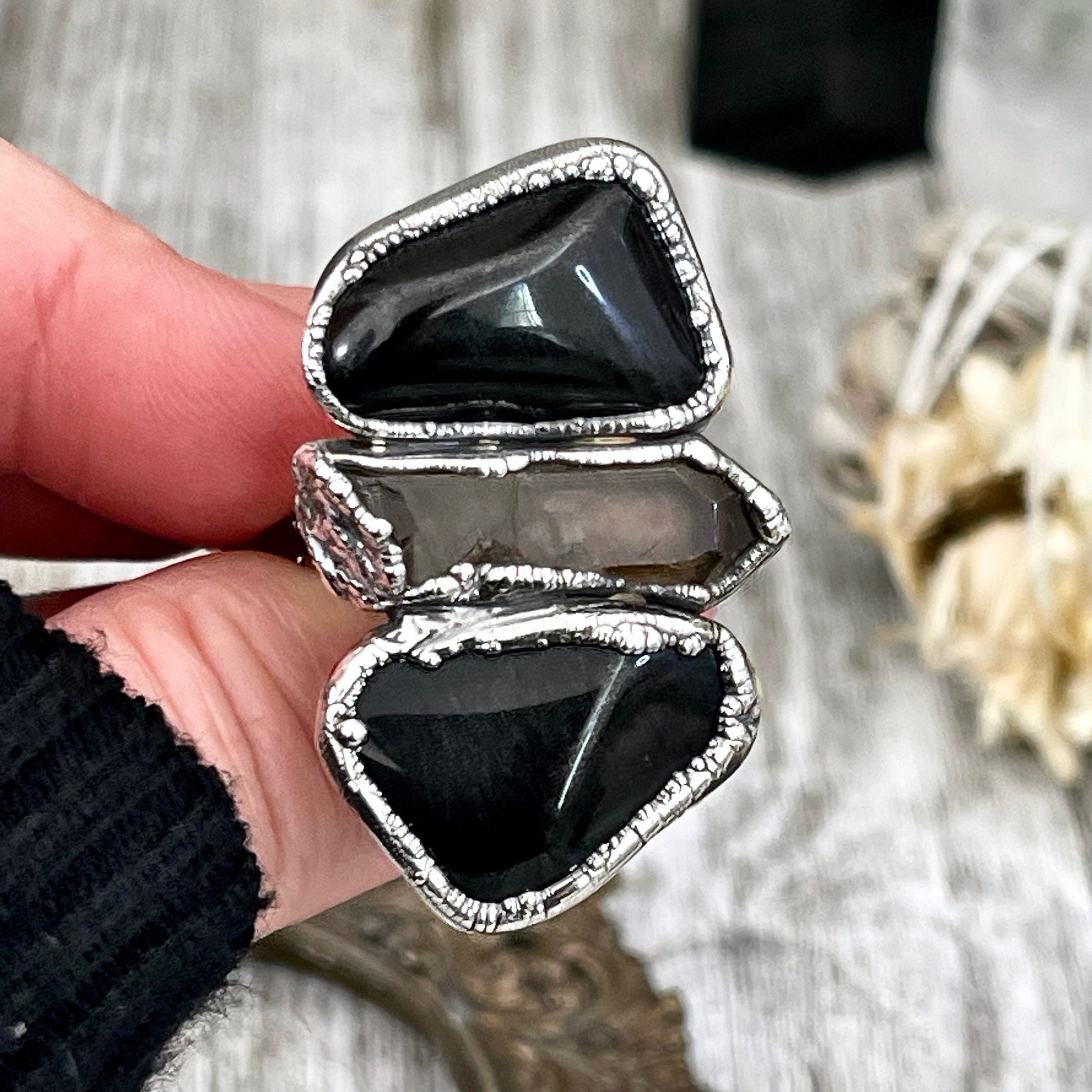 Size 8 Crystal Ring - Three Stone Ring Black Onyx & Raw Smokey Quartz Silver Ring / Foxlark Collection - One of a Kind / Big Crystal Jewelry