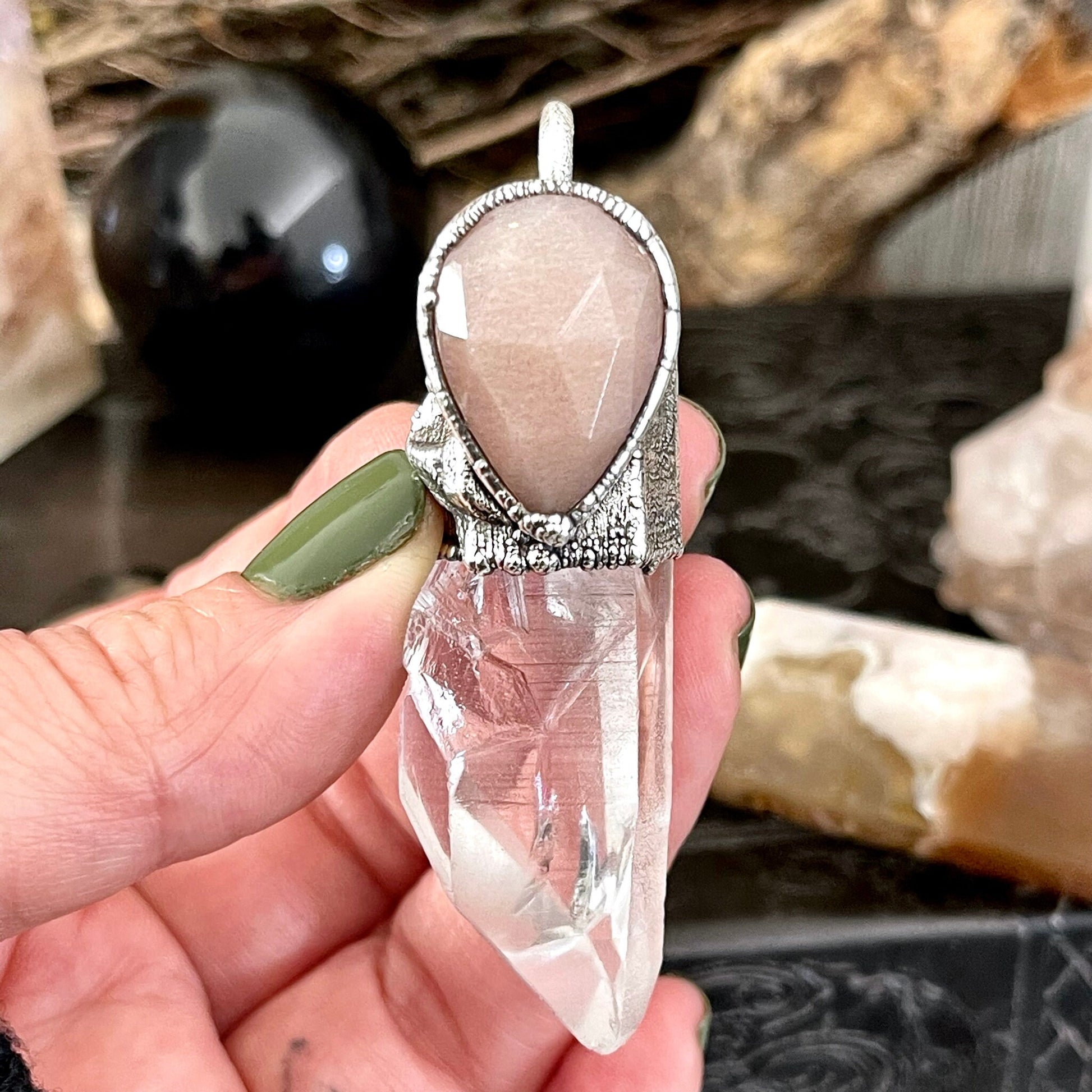 Raw Clear Quartz & Peach Moonstone Crystal Necklace in Fine Silver / Foxlark Collection - One of a Kind / Pink Stone Jewelry