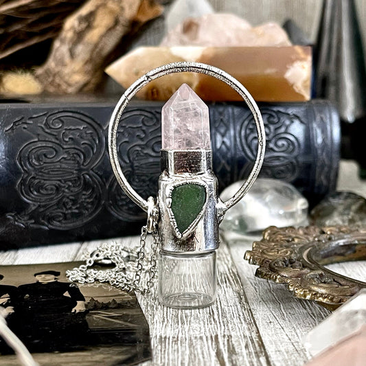 Rose Quartz and Green Sea Glass Crystal Necklace / Silver Crystal Rollerball Necklace / Foxlark Collection - One of a Kind / Gothic Jewelry
