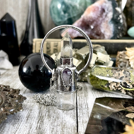 Phantom Quartz and Amethyst Crystal Necklace / Silver Crystal Rollerball Necklace / Foxlark Collection - One of a Kind / Gothic Jewelry
