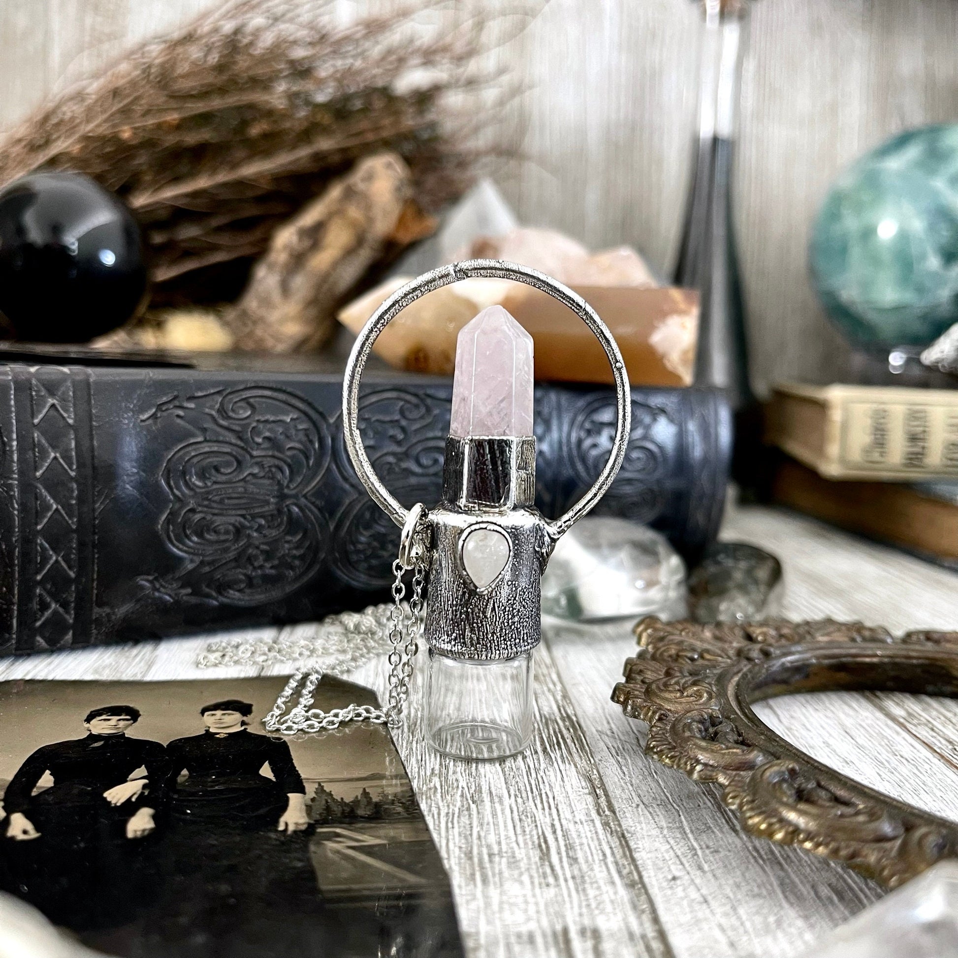 Rose Quartz and Clear Quartz Crystal Necklace / Silver Crystal Rollerball Necklace / Foxlark Collection - One of a Kind / Gothic Jewelry