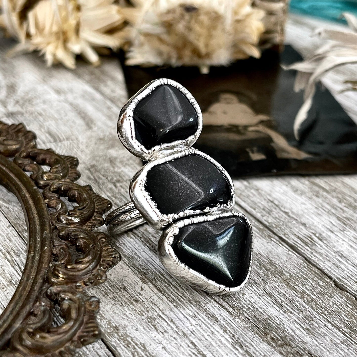 Size 8 Crystal Ring - Three Stone Ring Black Onyx Ring in Silver / Foxlark Collection - One of a Kind / Big Crystal Jewelry Goth Witchy Ring
