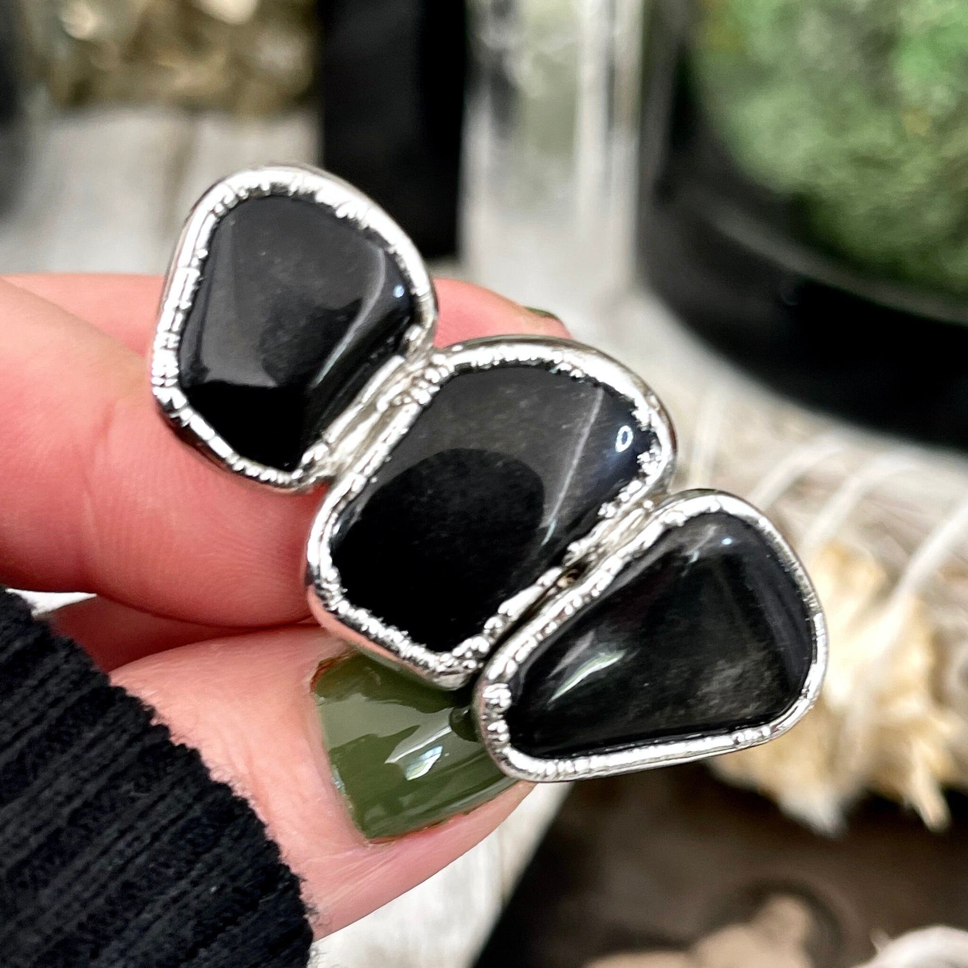 Size 8 Crystal Ring - Three Stone Ring Black Onyx Ring in Silver / Foxlark Collection - One of a Kind / Big Crystal Jewelry Goth Witchy Ring