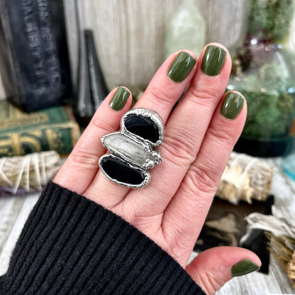 Size 6.5 Crystal Ring - Three Stone Ring Black Onyx & Clear Quartz Silver Ring / Foxlark Collection - One of a Kind / Big Crystal Jewelry