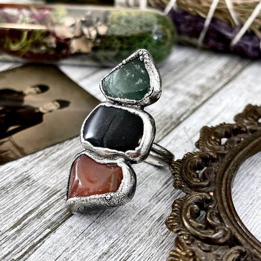 Size 9 Crystal Ring - Three Stone Ring Black Onyx Carnelian Aventurine Silver Ring / Foxlark Collection - One of a Kind / Crystal Jewelry