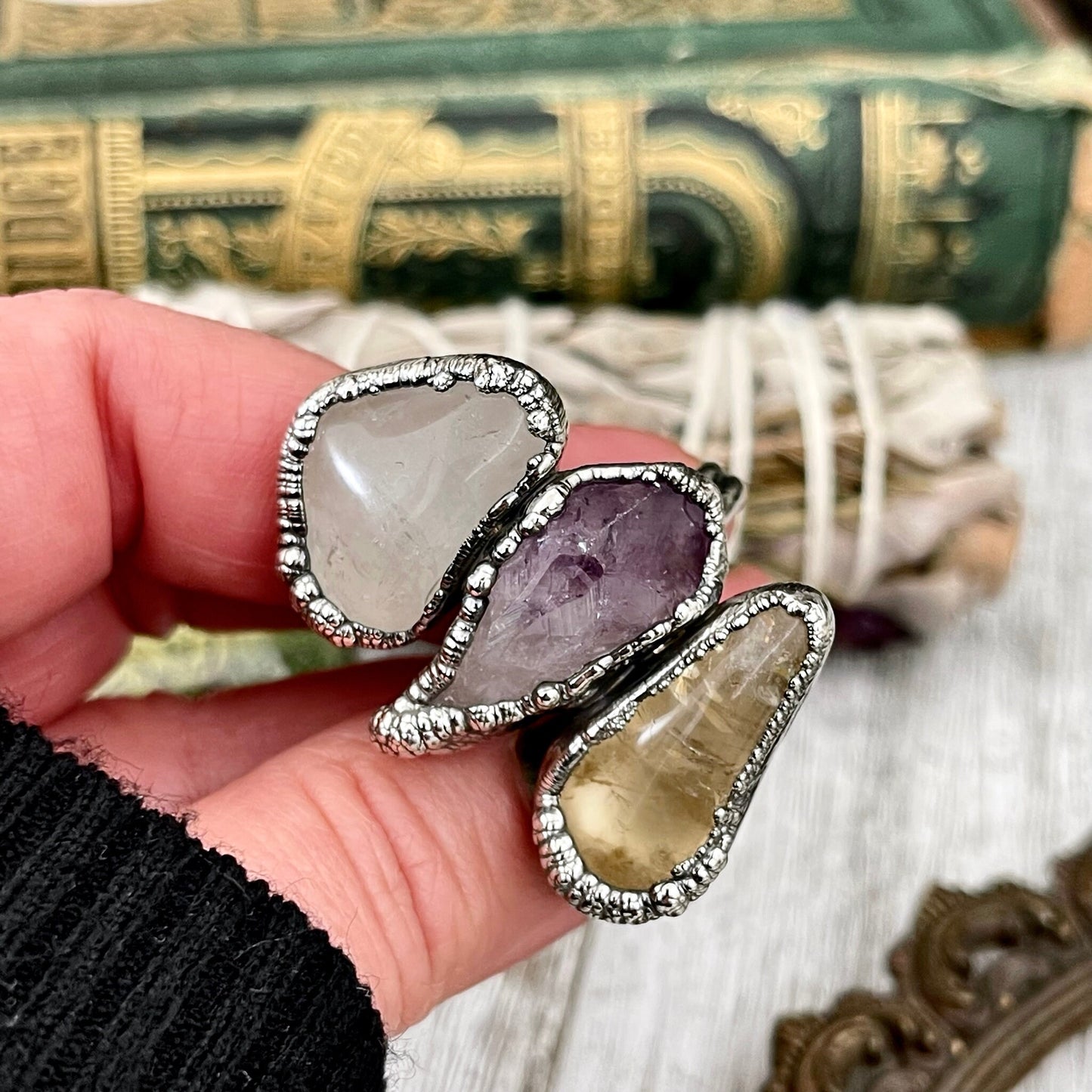 Size 7 Crystal Ring - Three Stone Ring Citrine Clear Quartz Amethyst Ring in Silver / Foxlark Collection - One of a Kind / Crystal Jewelry