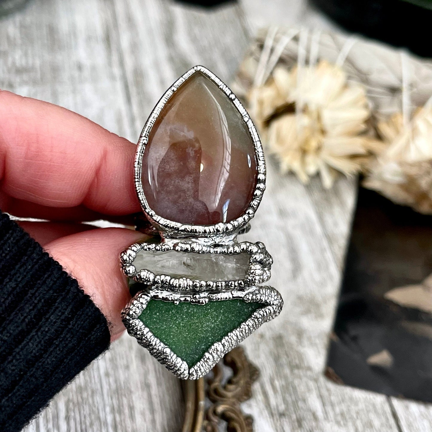 Size 8.5 Crystal Ring - Three Stone Ring Sea Glass Fancy Moss Agate Raw Quartz Ring Silver / Foxlark Collection - One of a Kind Jewelry