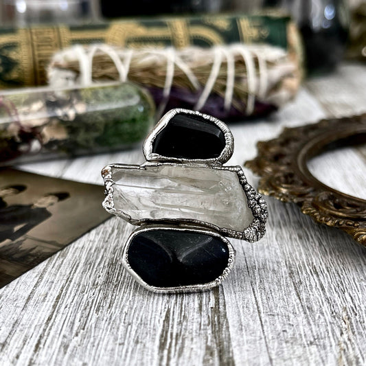 Size 10 Crystal Ring - Three Stone Ring Black Onyx Raw Clear Quartz Ring Silver / Foxlark Collection - One of a Kind / Big Crystal Jewelry
