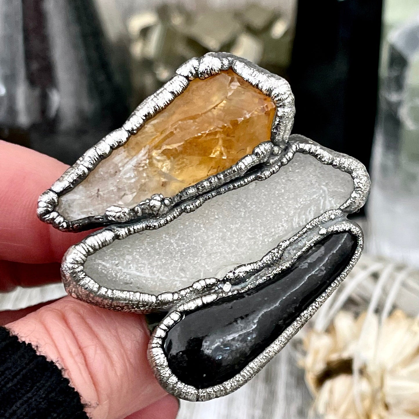Size 10 Big Crystal Ring - Three Stone Black River Rock Sea Glass & Yellow Citrine Silver Ring / Foxlark Collection - One of a Kind Jewelry
