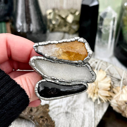 Size 10 Big Crystal Ring - Three Stone Black River Rock Sea Glass & Yellow Citrine Silver Ring / Foxlark Collection - One of a Kind Jewelry