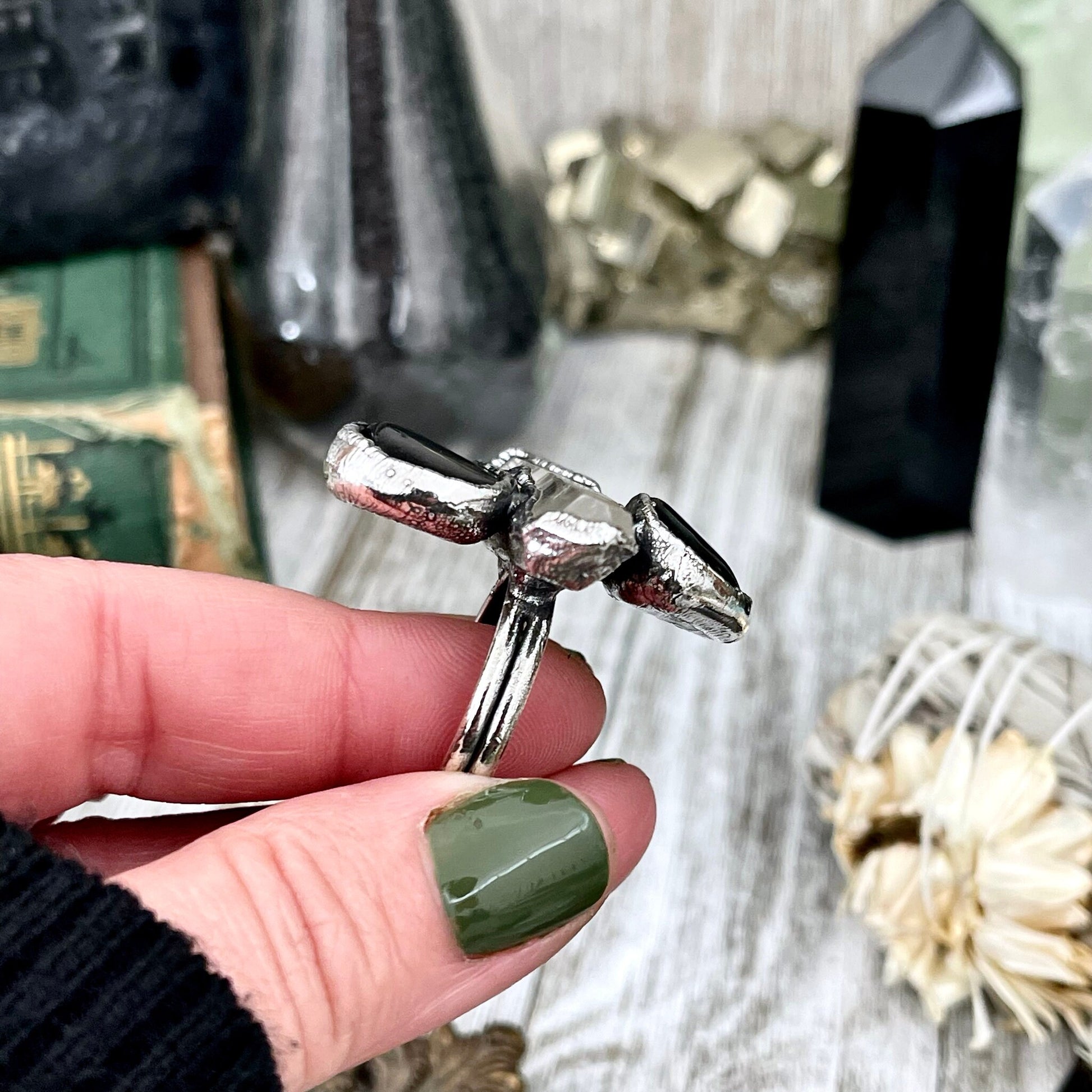 Size 9 Crystal Ring - Three Stone Ring Black Onyx Clear Raw Quartz Ring in Silver / Foxlark Collection - One of a Kind / Big Crystal Jewelry