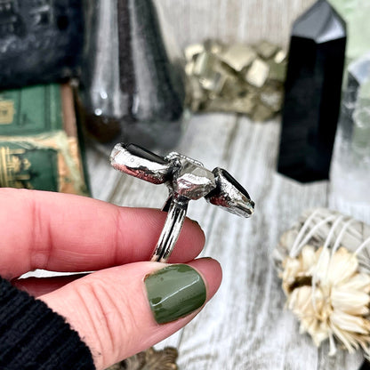 Size 9 Crystal Ring - Three Stone Ring Black Onyx Clear Raw Quartz Ring in Silver / Foxlark Collection - One of a Kind / Big Crystal Jewelry
