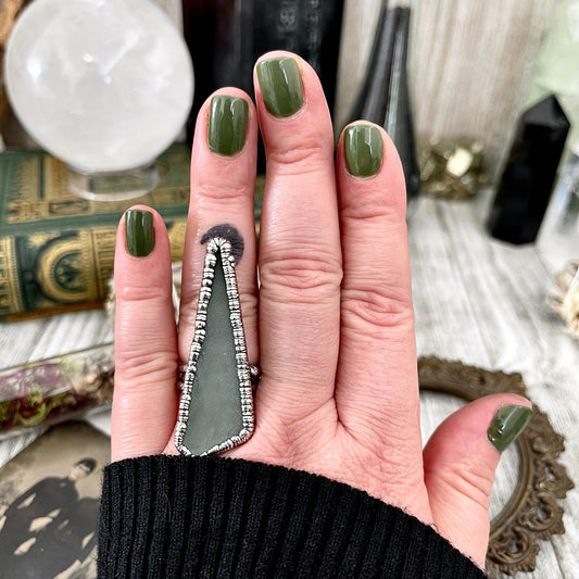 Size 8 Green Sea Glass Ring Set in Fine Silver / Foxlark Collection - One of a Kind / Statement Crystal Jewelry Bohemian Ring