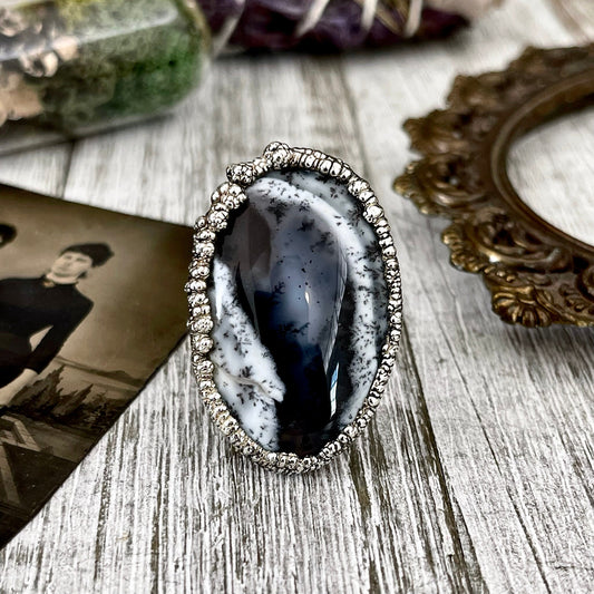 Size 7 Dendritic Agate Large Crystal Ring in Fine Silver for Woman / Foxlark Collection - One of a Kind / Big Crystal Ring Witchy Jewelry