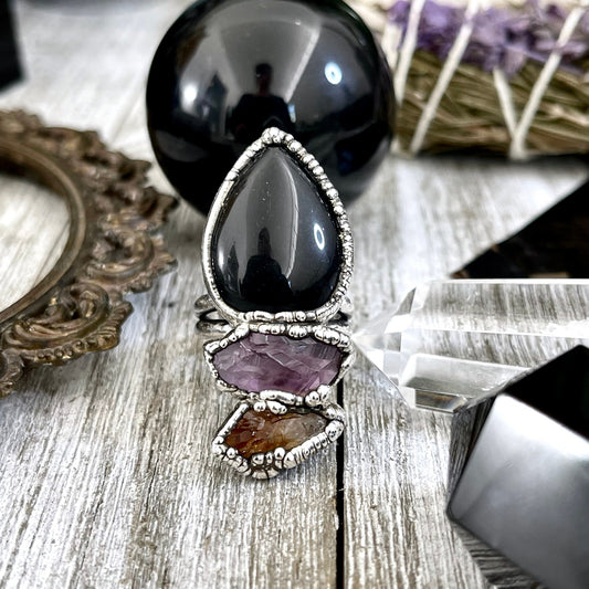 Size 8 Three Stone Ring- Black Onyx Amethyst Citrine Crystal Ring Fine Silver / Foxlark Collection - One of a Kind / Big Statement Jewelry