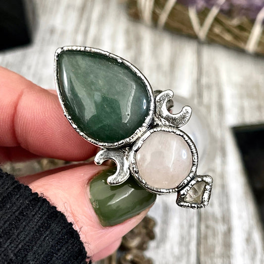 Size 8 Three Stone Ring- Herkimer Rose Quartz Aventurine Crystal Ring Fine Silver / Foxlark Collection - One of a Kind / Statement Jewelry