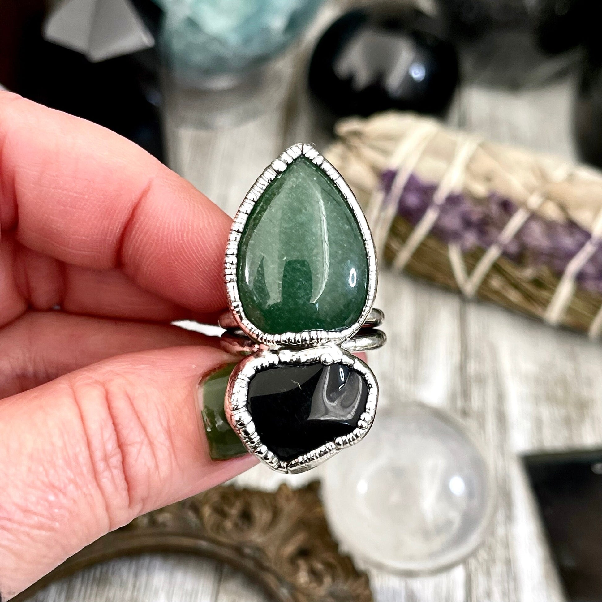 Size 8.5 Two Stone Ring- Black Onyx Green Aventurine Crystal Ring Fine Silver / Foxlark Collection - One of a Kind / Statement Jewelry