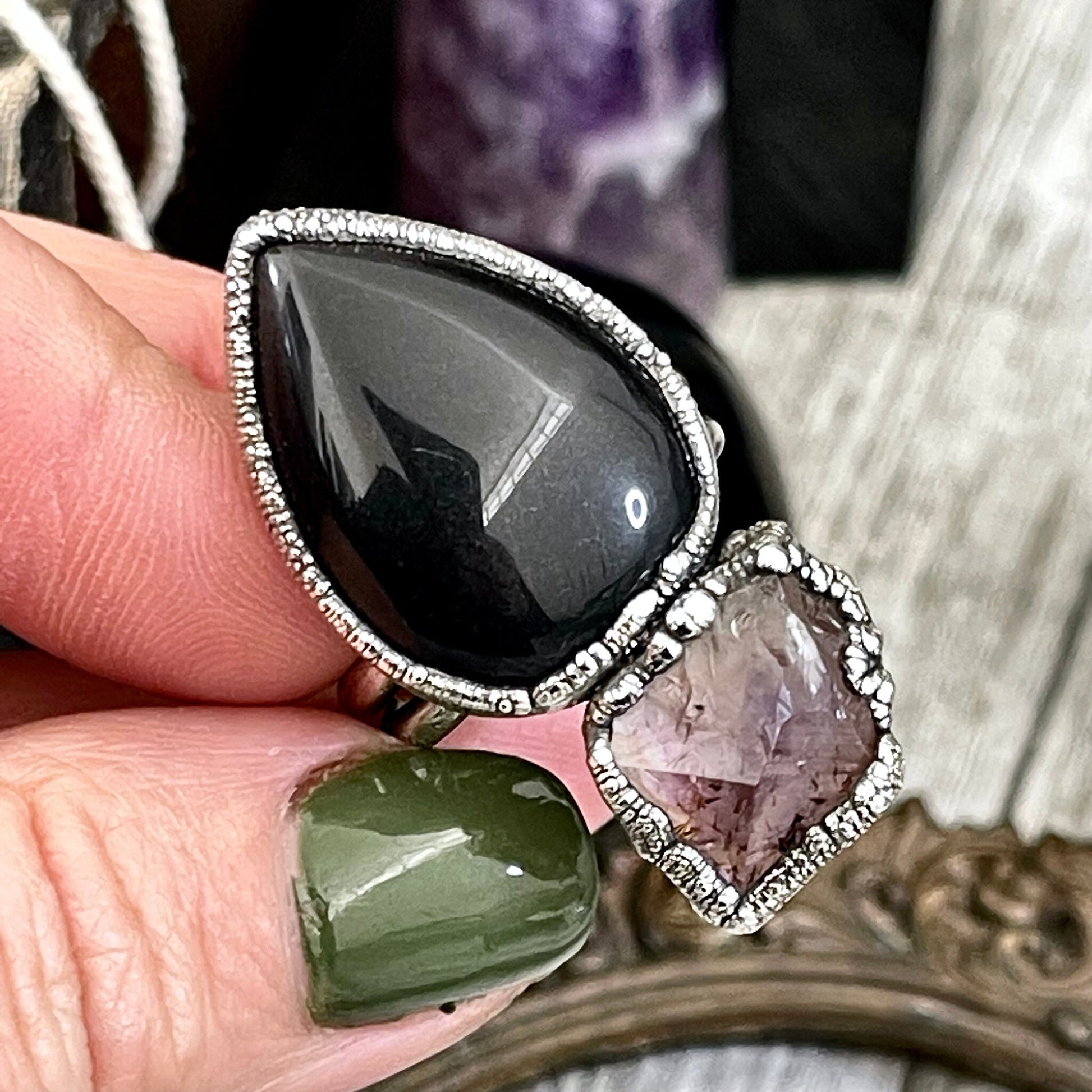 Size 8.5 Two Stone Ring- Black Onyx Purple Raw Amethyst Crystal Ring Fine Silver / Foxlark Collection - One of a Kind / Statement Jewelry