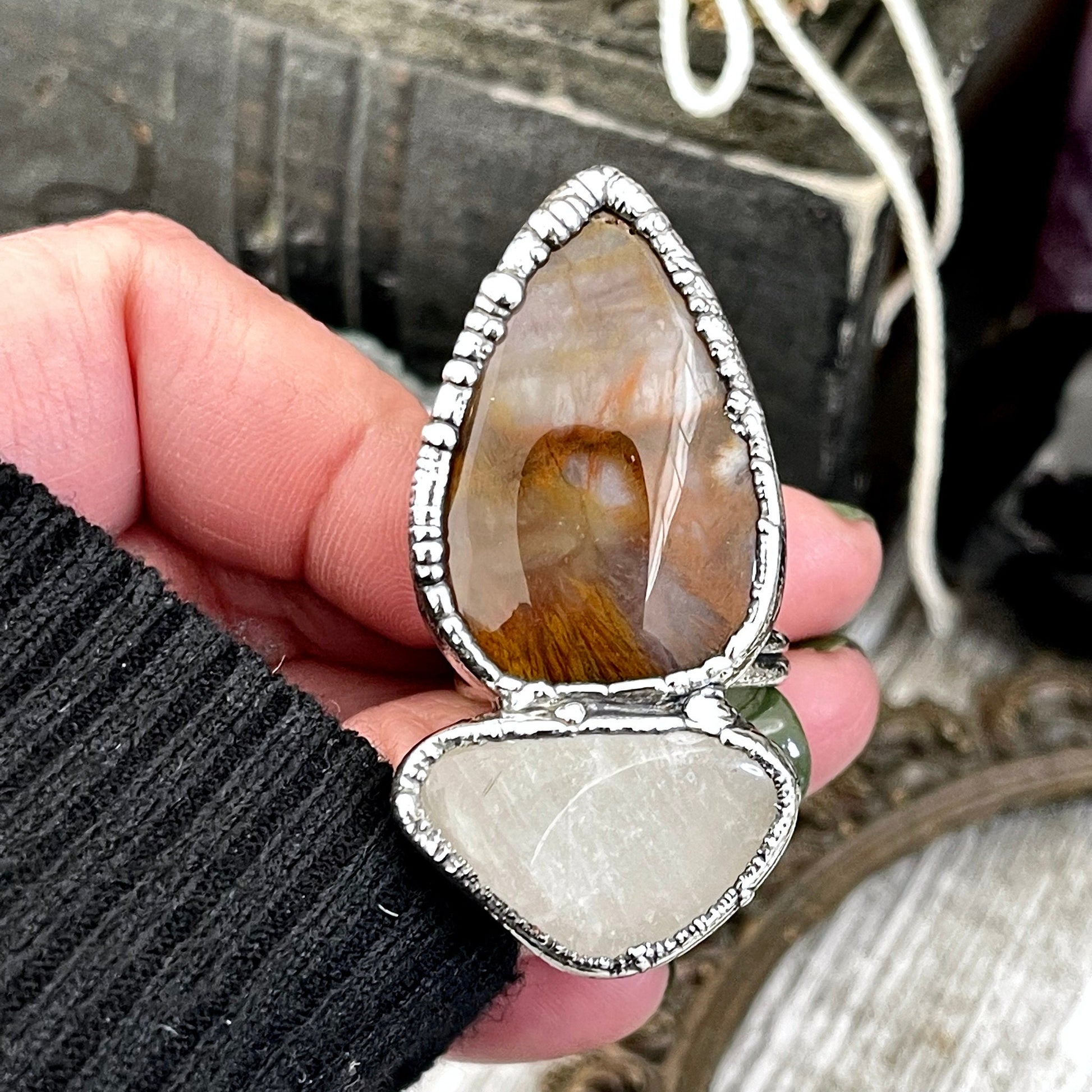 Size 10 Two Stone Ring- Fancy Moss Agate Clear Quartz Crystal Ring Fine Silver / Foxlark Collection - One of a Kind / Statement Jewelry