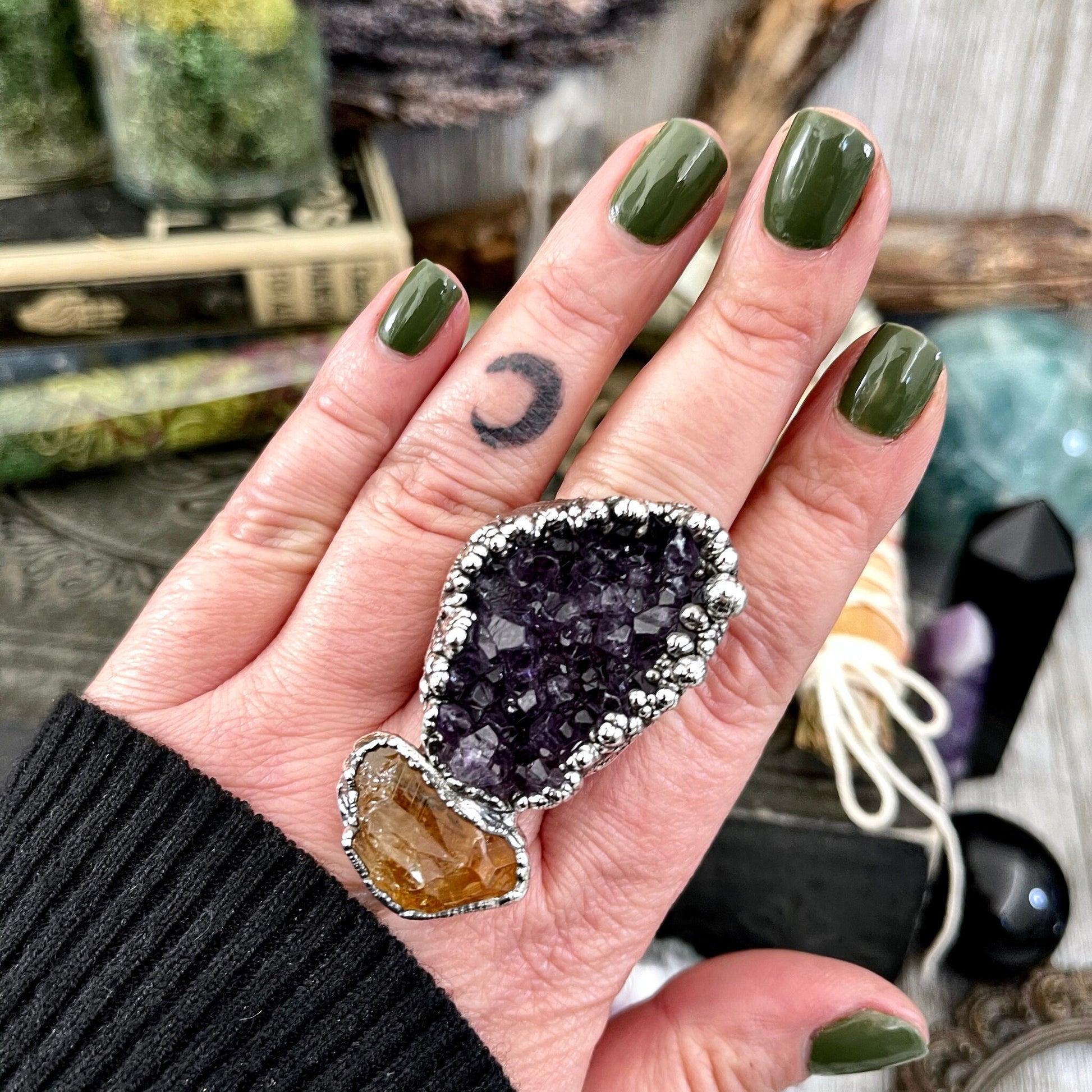 Size 10 Two Stone Ring-Amethyst Geode Raw Citrine Crystal Ring Fine Silver / Foxlark Collection - One of a Kind / Statement Jewelry