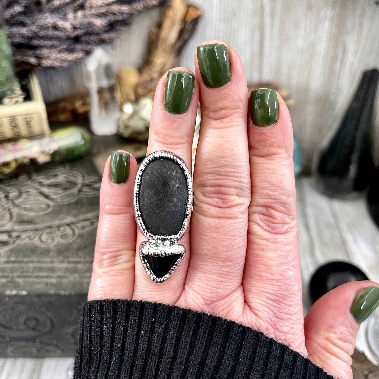 Size 6 Two Stone Ring- Black Onyx River Rock Crystal Ring Fine Silver / Foxlark Collection - One of a Kind / Big Statement Jewelry