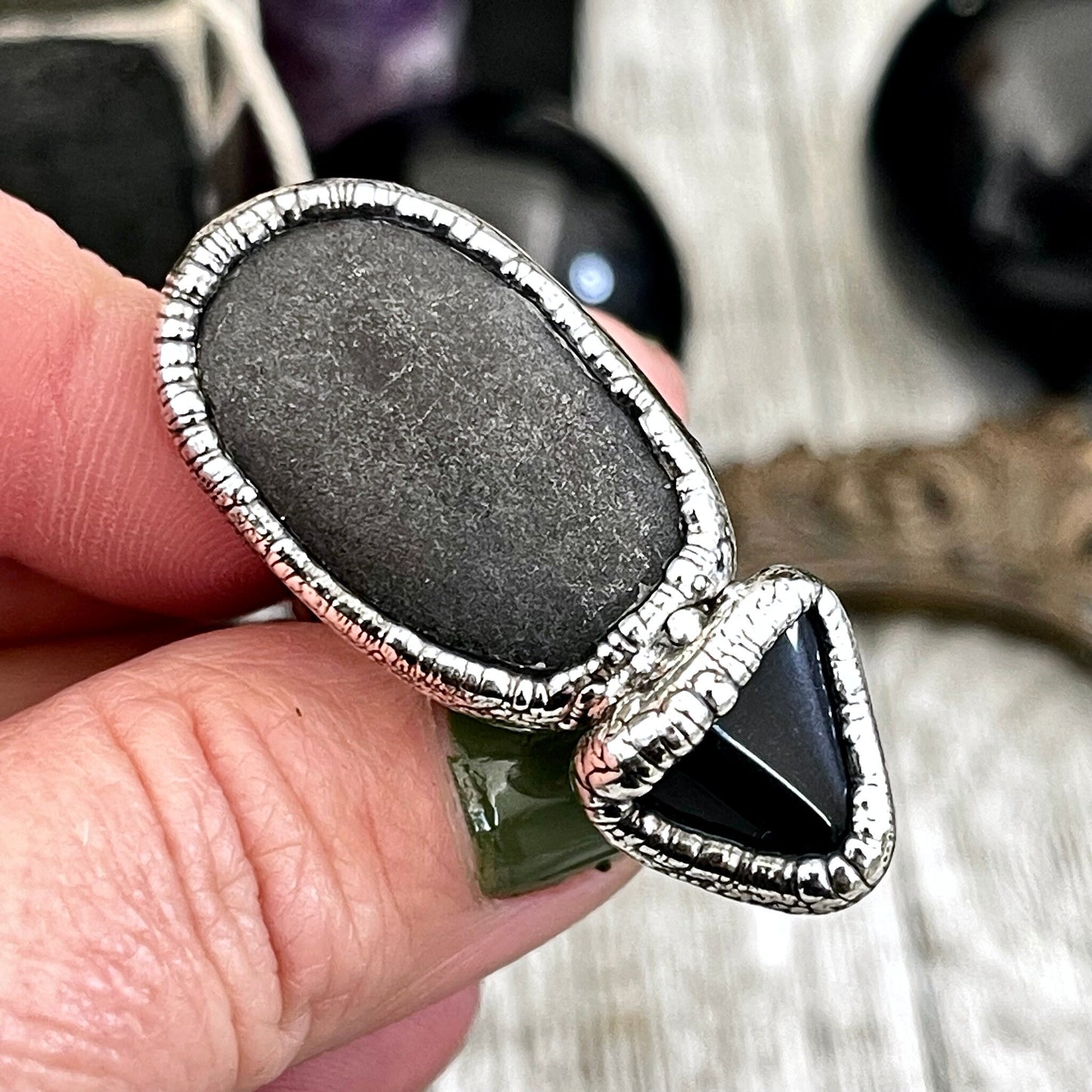 Size 6 Two Stone Ring- Black Onyx River Rock Crystal Ring Fine Silver / Foxlark Collection - One of a Kind / Big Statement Jewelry