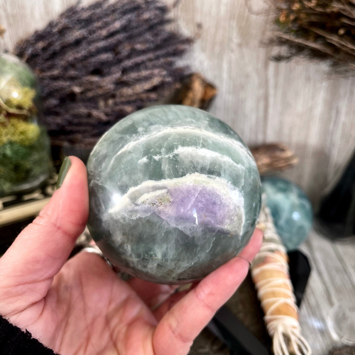 Purple and Green Fluorite Crystal Ball / FoxlarkCrystals / Crystal Sphere Wiccan Pagan Spells Rituals Magic Scrying Orb Metaphysical