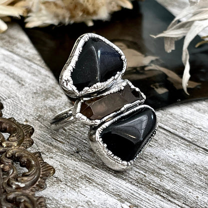 Size 8 Crystal Ring - Three Stone Ring Black Onyx & Raw Smokey Quartz Silver Ring / Foxlark Collection - One of a Kind / Big Crystal Jewelry