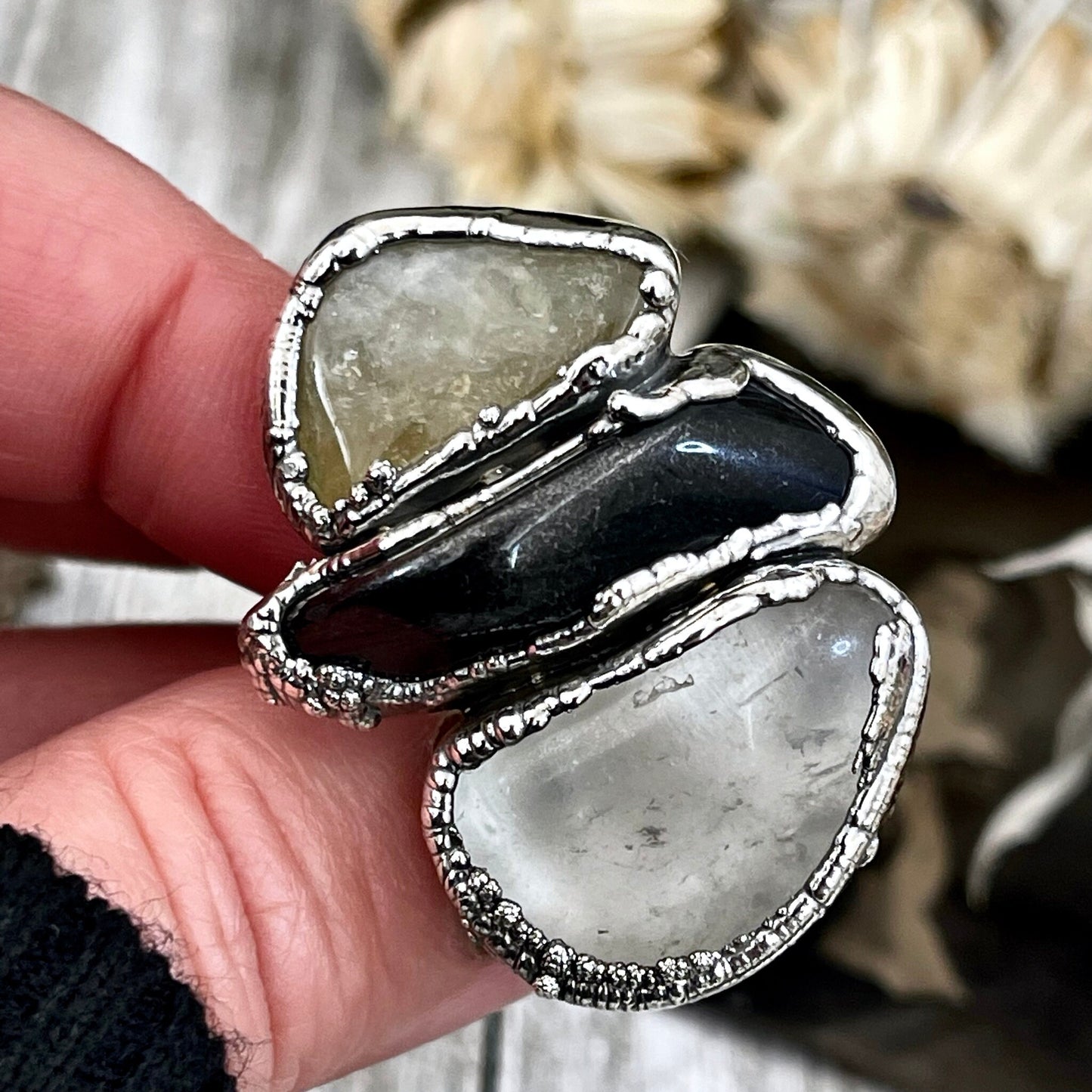 Size 7 Crystal Ring - Three Stone Black Onyx Yellow Citrine & Quartz Silver Ring / Foxlark Collection - One of a Kind / Big Crystal Jewelry