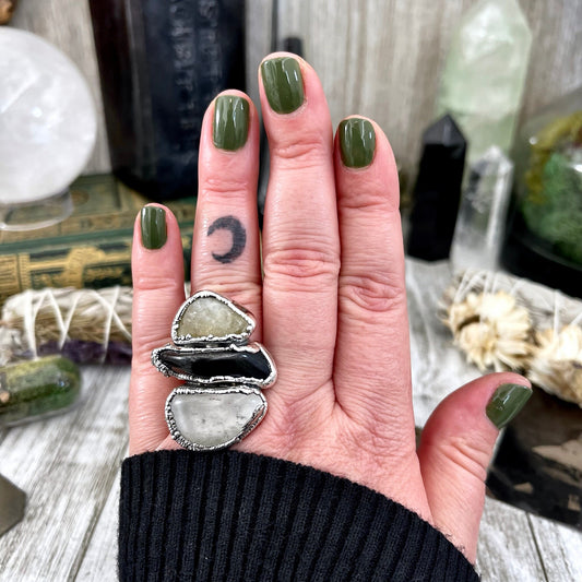 Size 7 Crystal Ring - Three Stone Black Onyx Yellow Citrine & Quartz Silver Ring / Foxlark Collection - One of a Kind / Big Crystal Jewelry