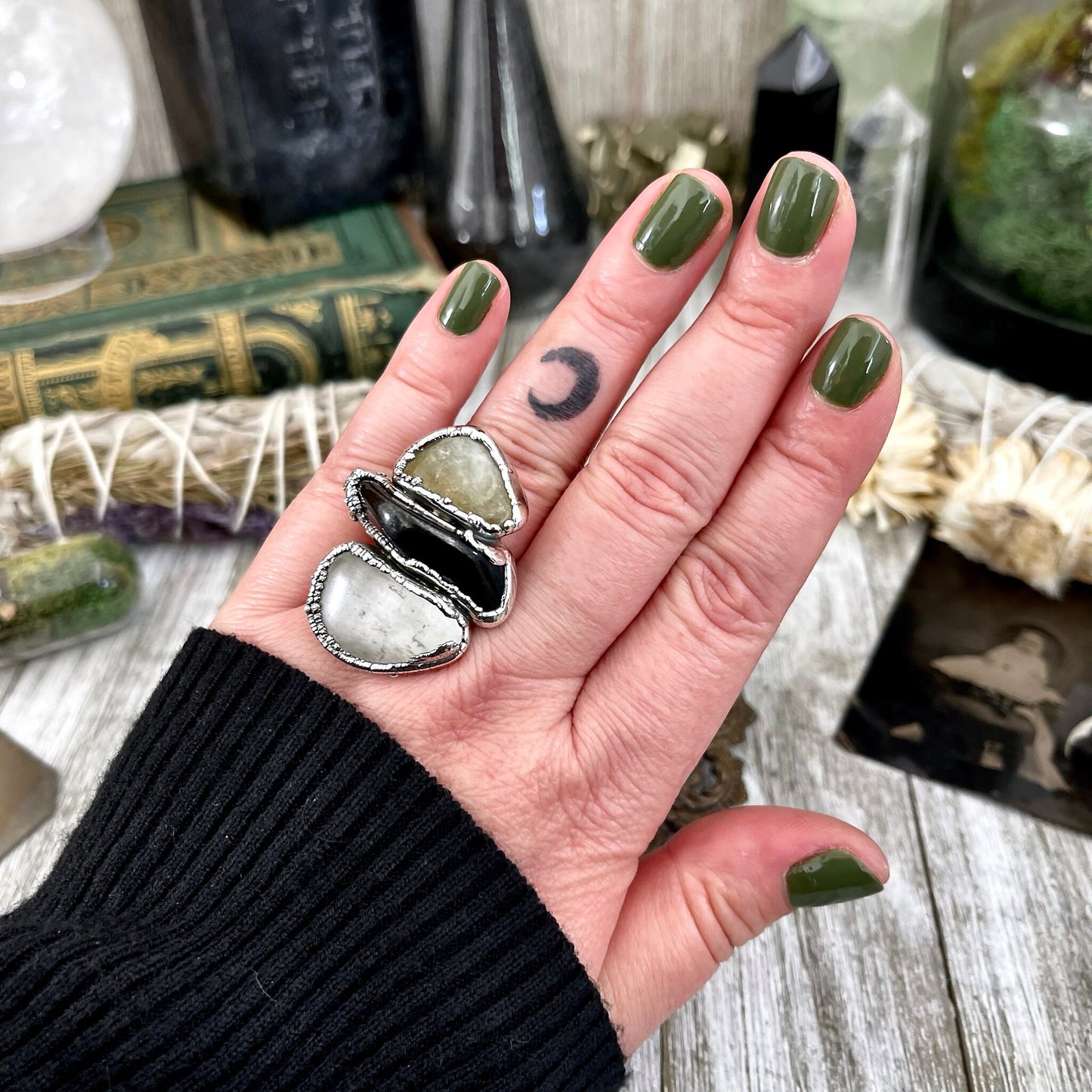 Size 7 Crystal Ring - Three Stone Black Onyx Yellow Citrine & Quartz Silver Ring / Foxlark Collection - One of a Kind / Big Crystal Jewelry