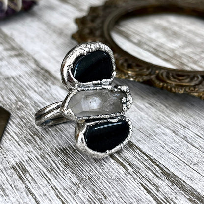 Size 6.5 Crystal Ring - Three Stone Ring Black Onyx & Clear Quartz Silver Ring / Foxlark Collection - One of a Kind / Big Crystal Jewelry