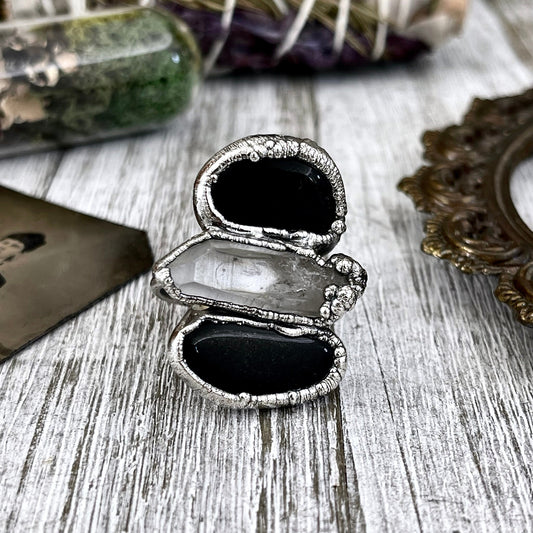 Size 6.5 Crystal Ring - Three Stone Ring Black Onyx & Clear Quartz Silver Ring / Foxlark Collection - One of a Kind / Big Crystal Jewelry