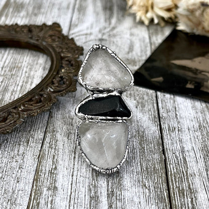 Size 8.5 Crystal Ring - Three Stone Black Onyx Clear Quartz Ring in Silver / Foxlark Collection - One of a Kind / Big Boho Crystal Jewelry