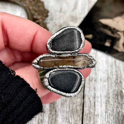 Size 7.5 Crystal Ring - Three Stone Black Onyx Raw Smokey Quartz Silver Sheen Obsidian Ring in Silver / Foxlark Collection - One of a Kind