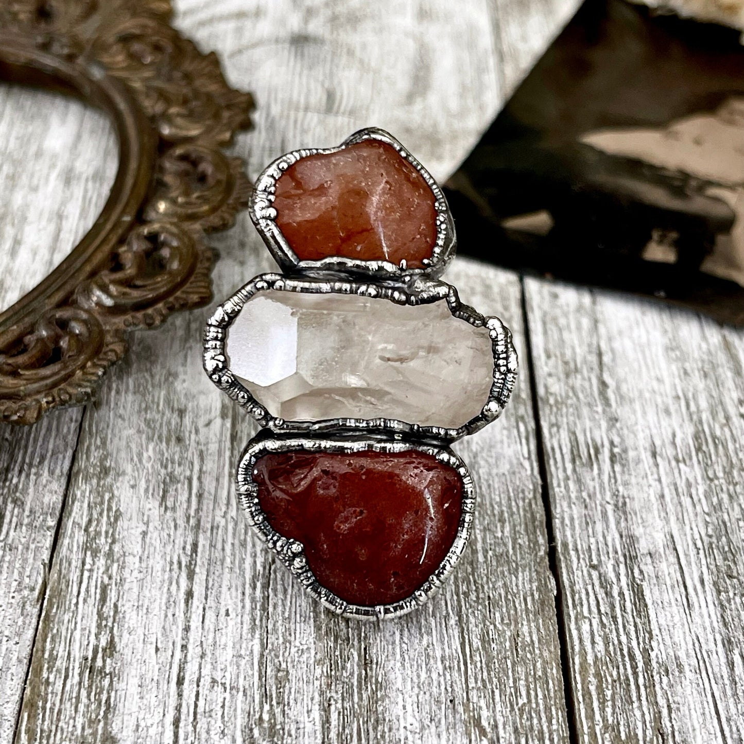 Size 8.5 Crystal Ring - Three Stone Ring Red Carnelian Clear Quartz Silver Ring / Foxlark Collection - One of a Kind / Big Crystal Jewelry