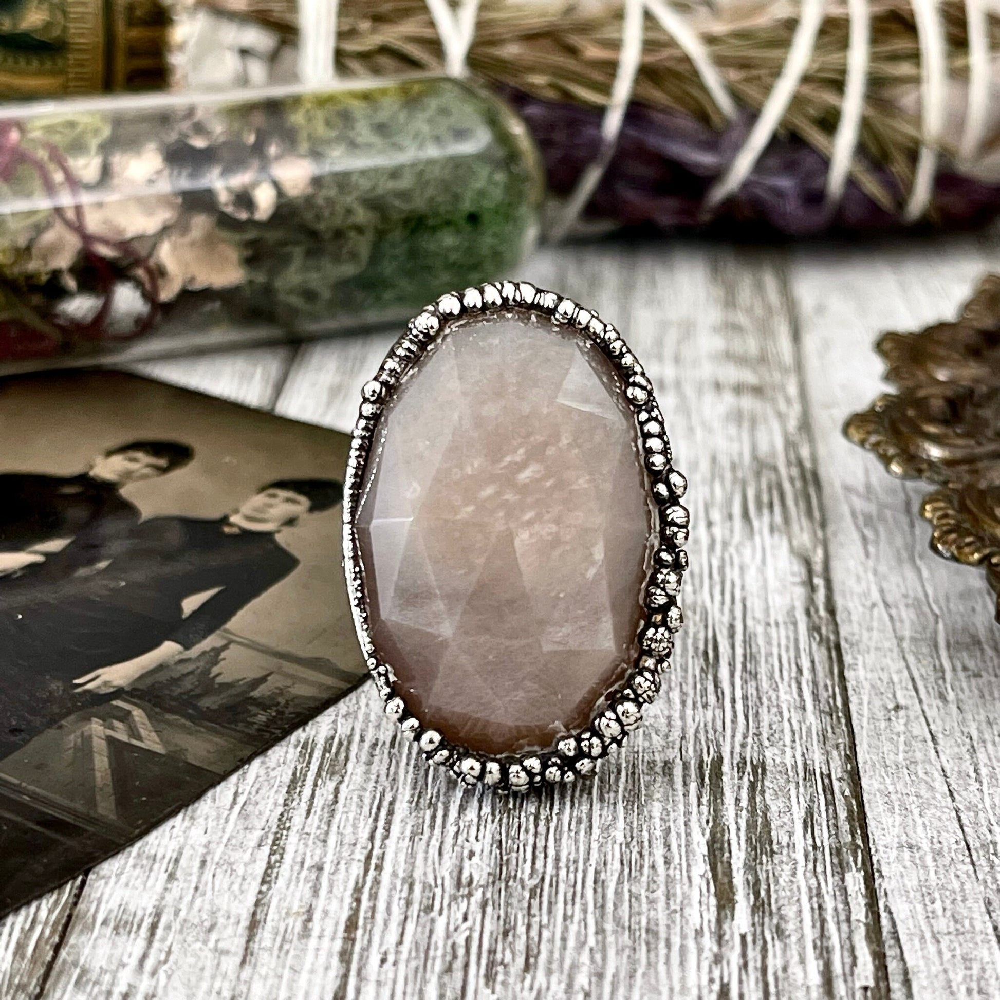 Size 8 Peach Pink Moonstone Statement Ring in Fine Silver / Foxlark Collection - One of a Kind / Big Crystal Ring Witchy Jewelry